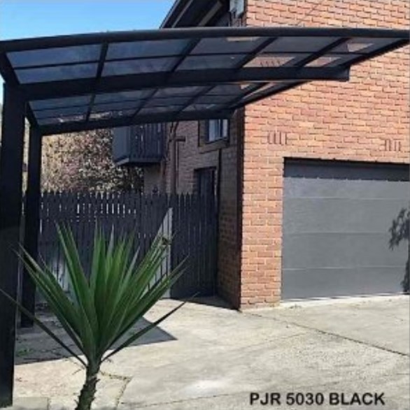 Cantilever Patio or Carports by Cantaport. - Cantaport in black at front of home